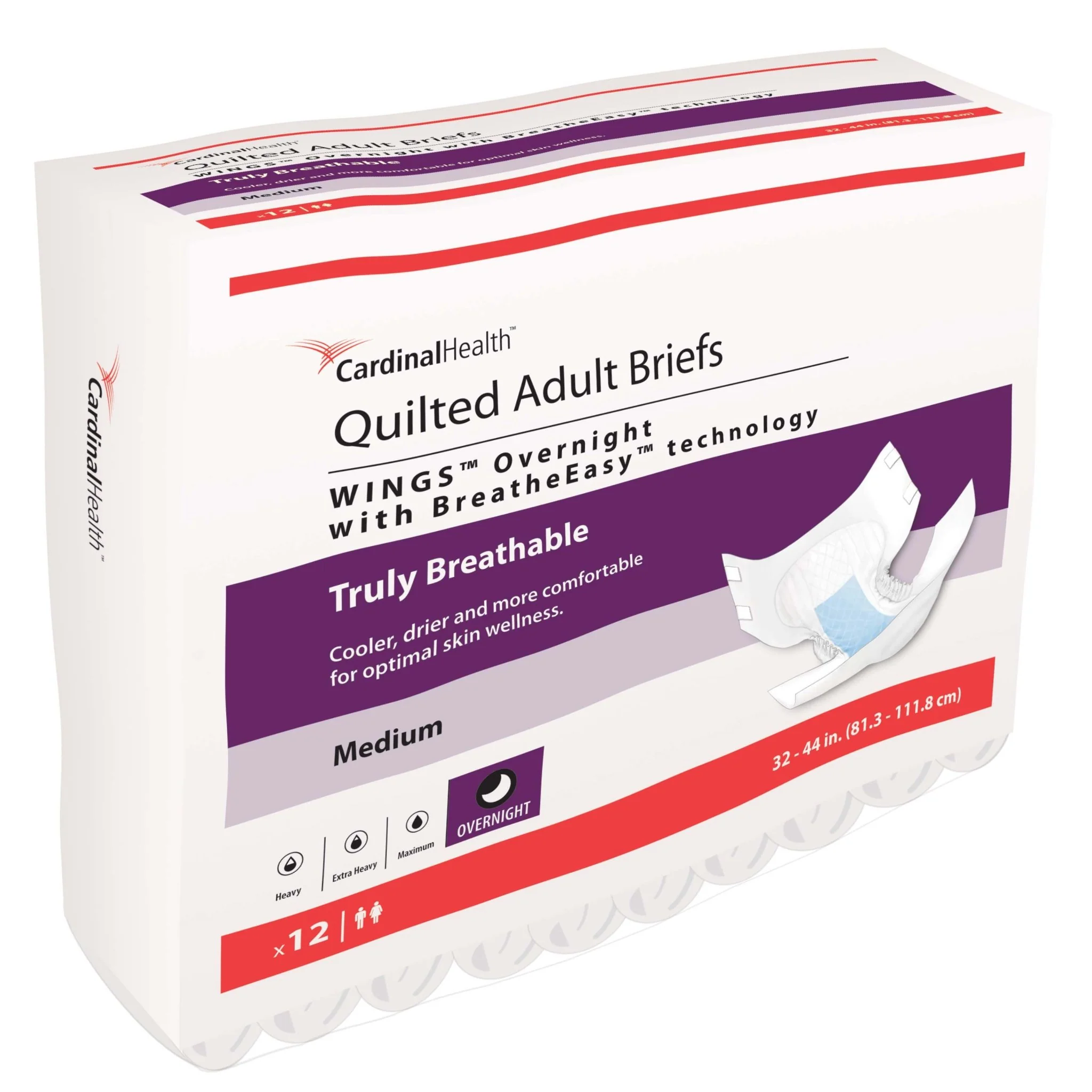 PK/12 - WINGS Overnight Quilted Brief with BreatheEasy Technology, Medium, 32" - 44", Absorbency Level 4