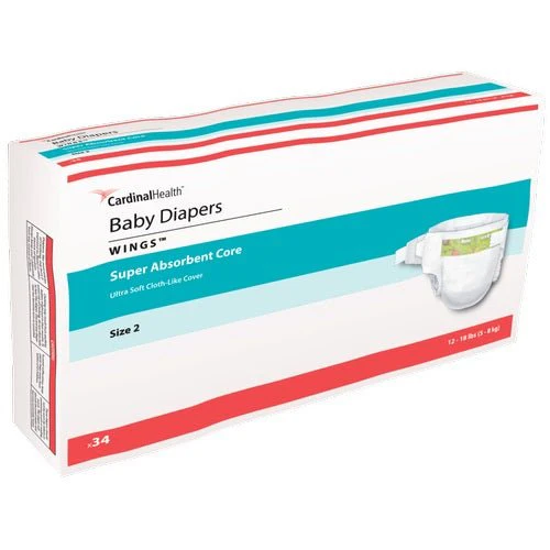 PK/34 - Cardinal Health, Baby Diapers, Wings, Size 2, Small/ Medium, 12 - 18 lbs