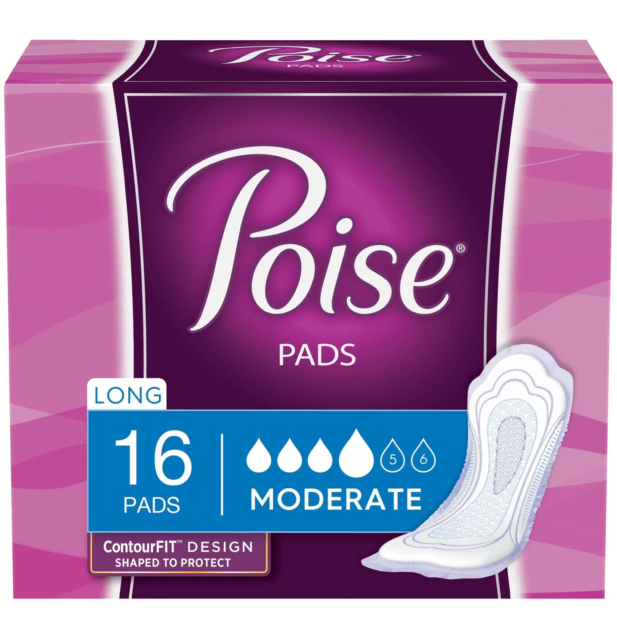 PK/16 - Poise Pads Moderate Absorbency Long Pads 12.4"