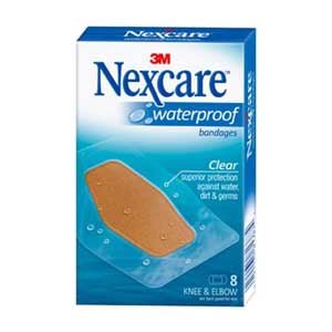 BX/8 - Nexcare Waterproof Bandage Knee and Elbow, Clear, 8 ct