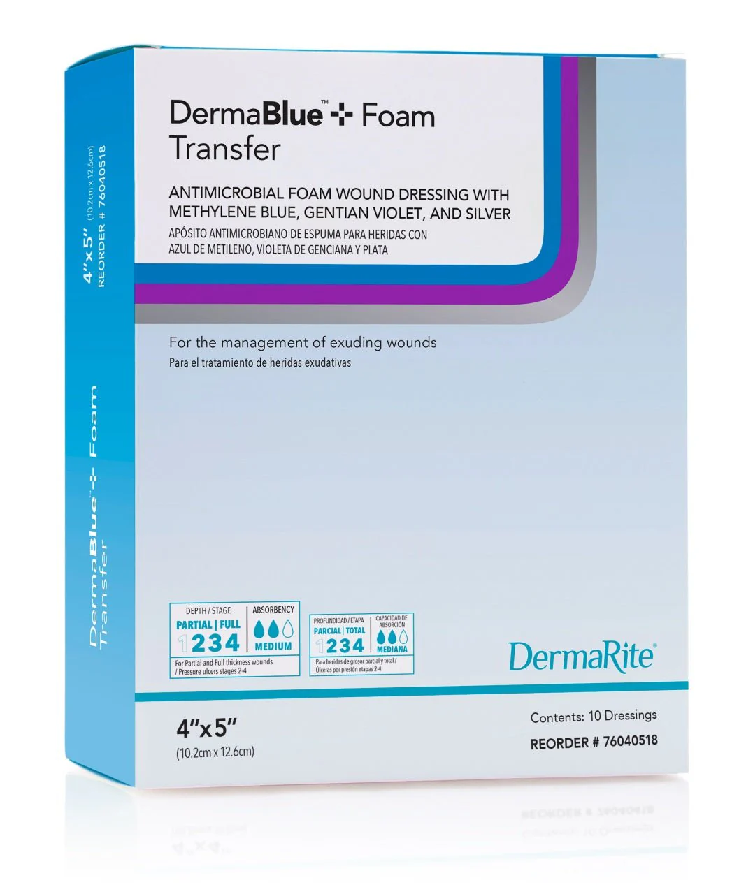 BX/10 - Dermablue+ Foam Wound Dressing, 4" X 5" x 1/4"